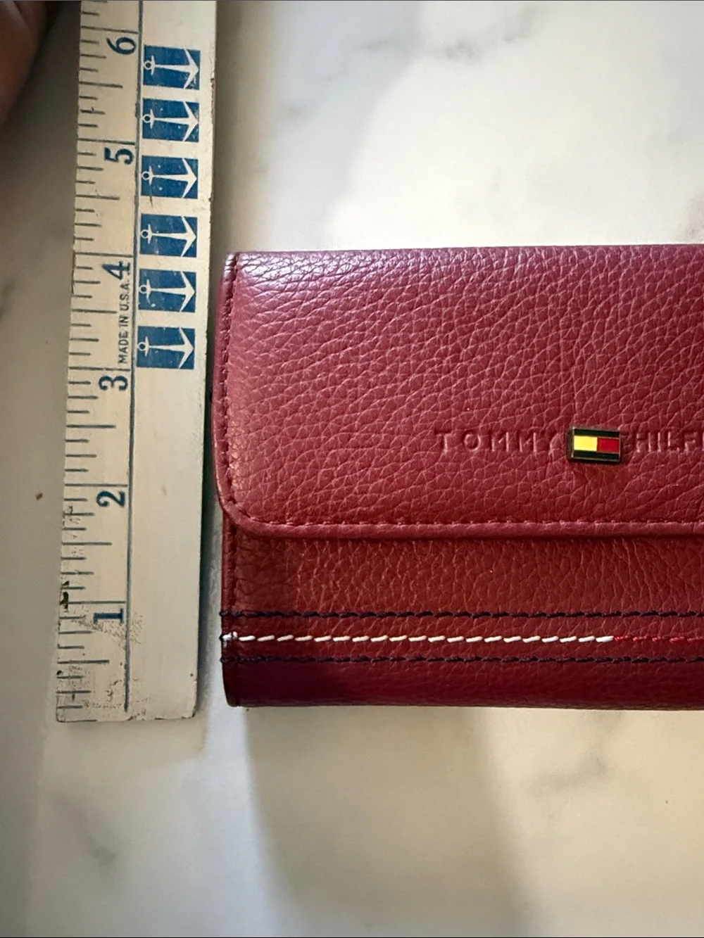Tommy Hilfiger Burgundy Pebbled Leather Trifold Card Holder
